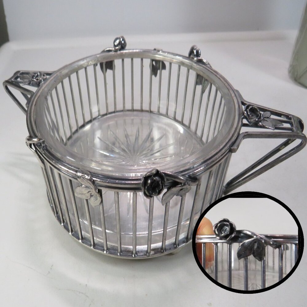 Victorian 1910 Silver plated Caddy w Applied High-Relief Cast Roses, Glass Liner